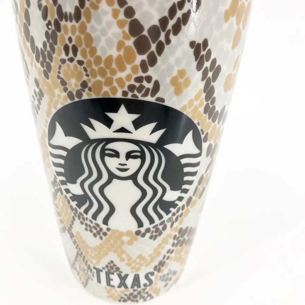 ✅Starbucks Texas 2015 Brown Silver Gold Snake Skin Print 12oz Tumbler Mug No Lid